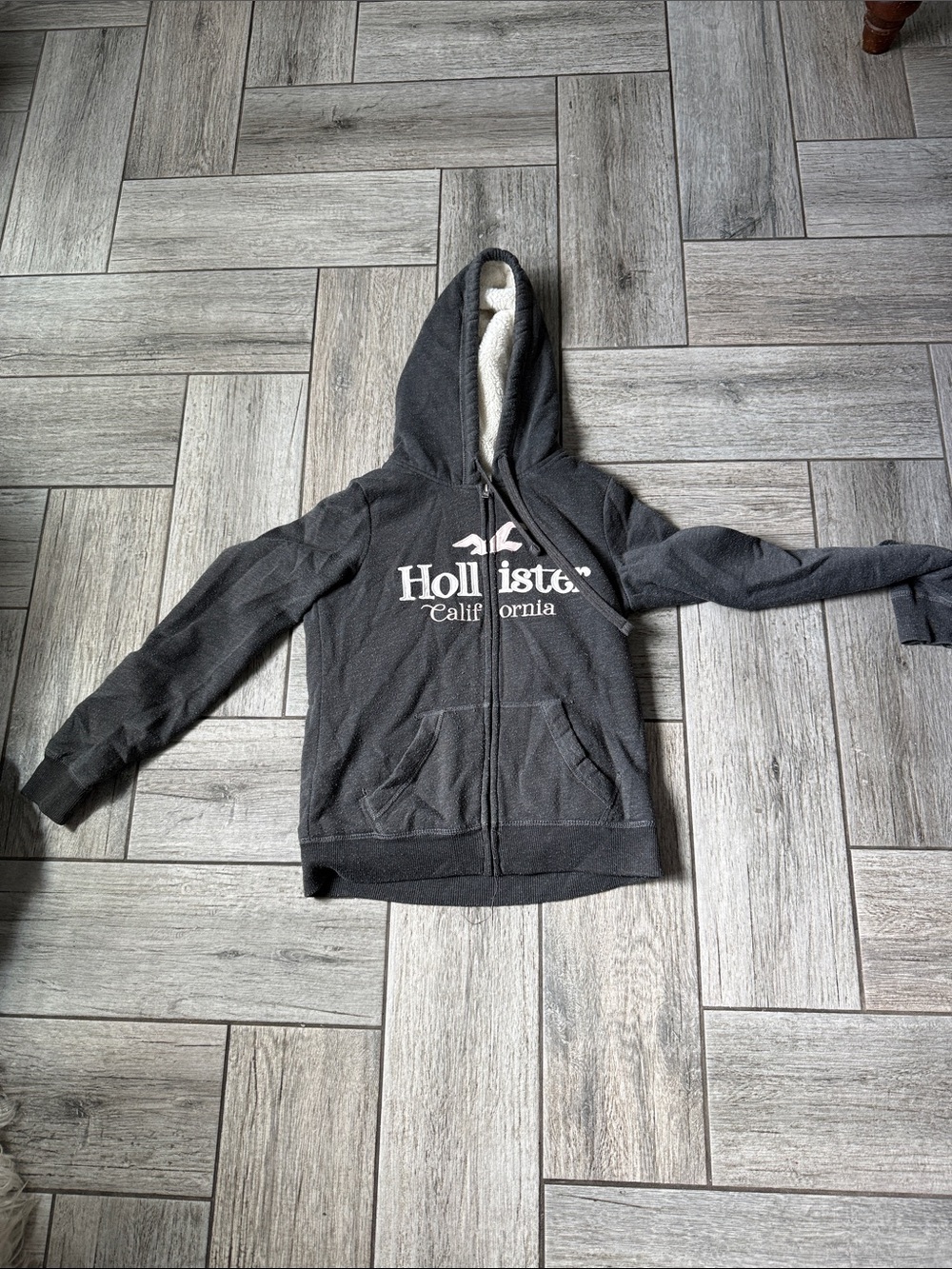 Hollister Dark Gray Sherpa-Lined Zip Hoodie